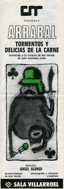 Cartell vertical en blanc i negre amb el títol Tormentos y delicias de la carne i el dibuix d'una figura amb casc